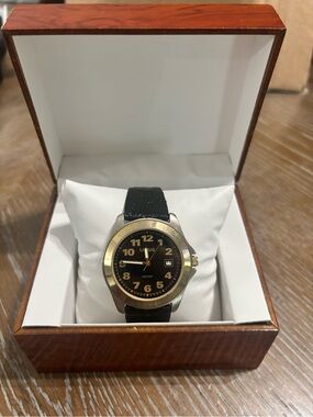 Lorus Black Dial Men's Watch with Gold-Tone Bezel and Black Leather Strap